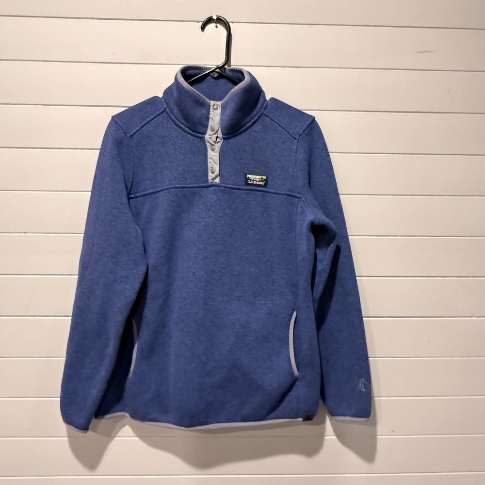 L.L. Bean Sweater Fleece Pullover Women Large Blue Snap Neck Mock Neck Pocket